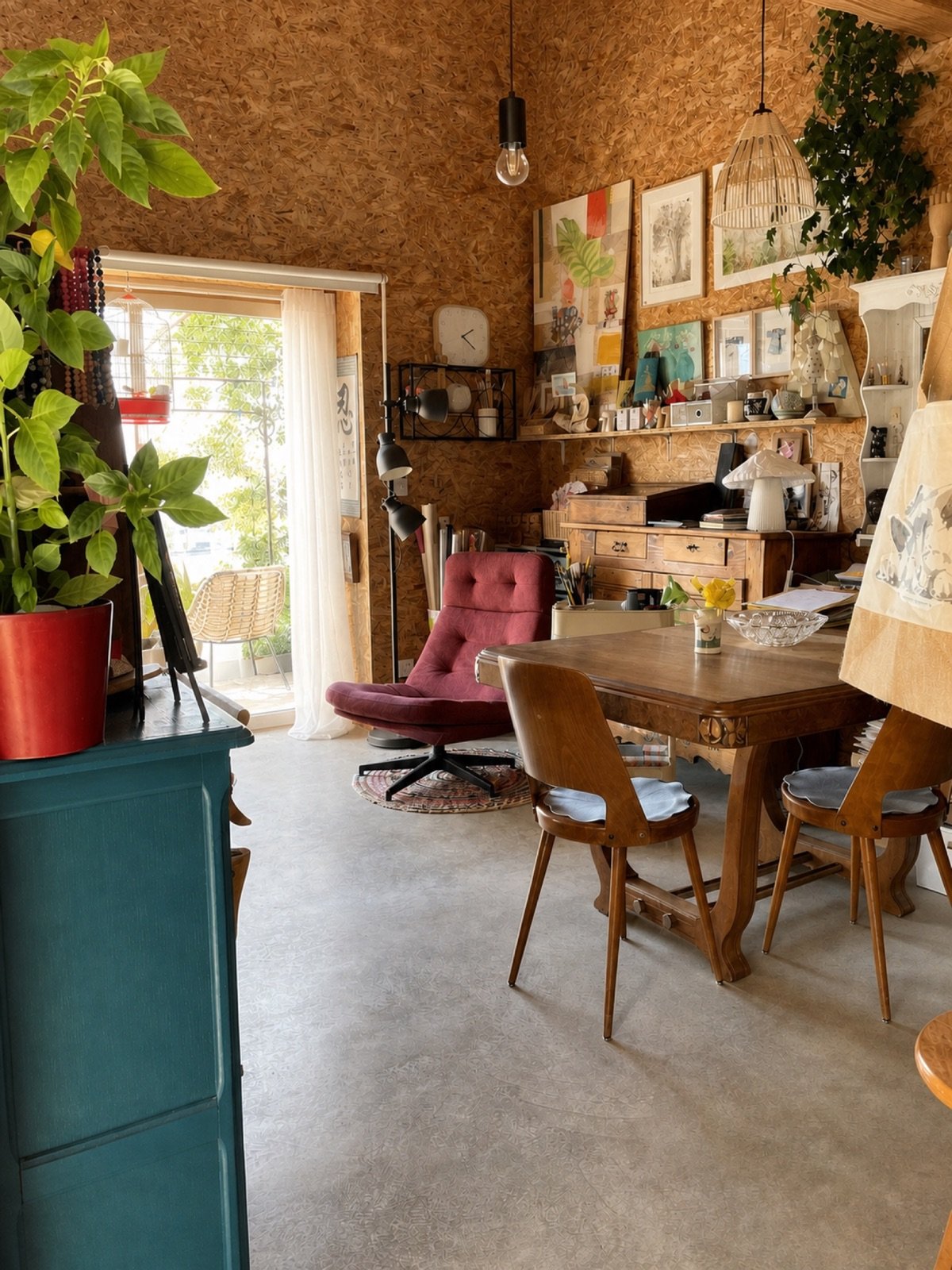 L’intérieur lumineux de l’atelier de Carole, aménagé pour les cours et la création