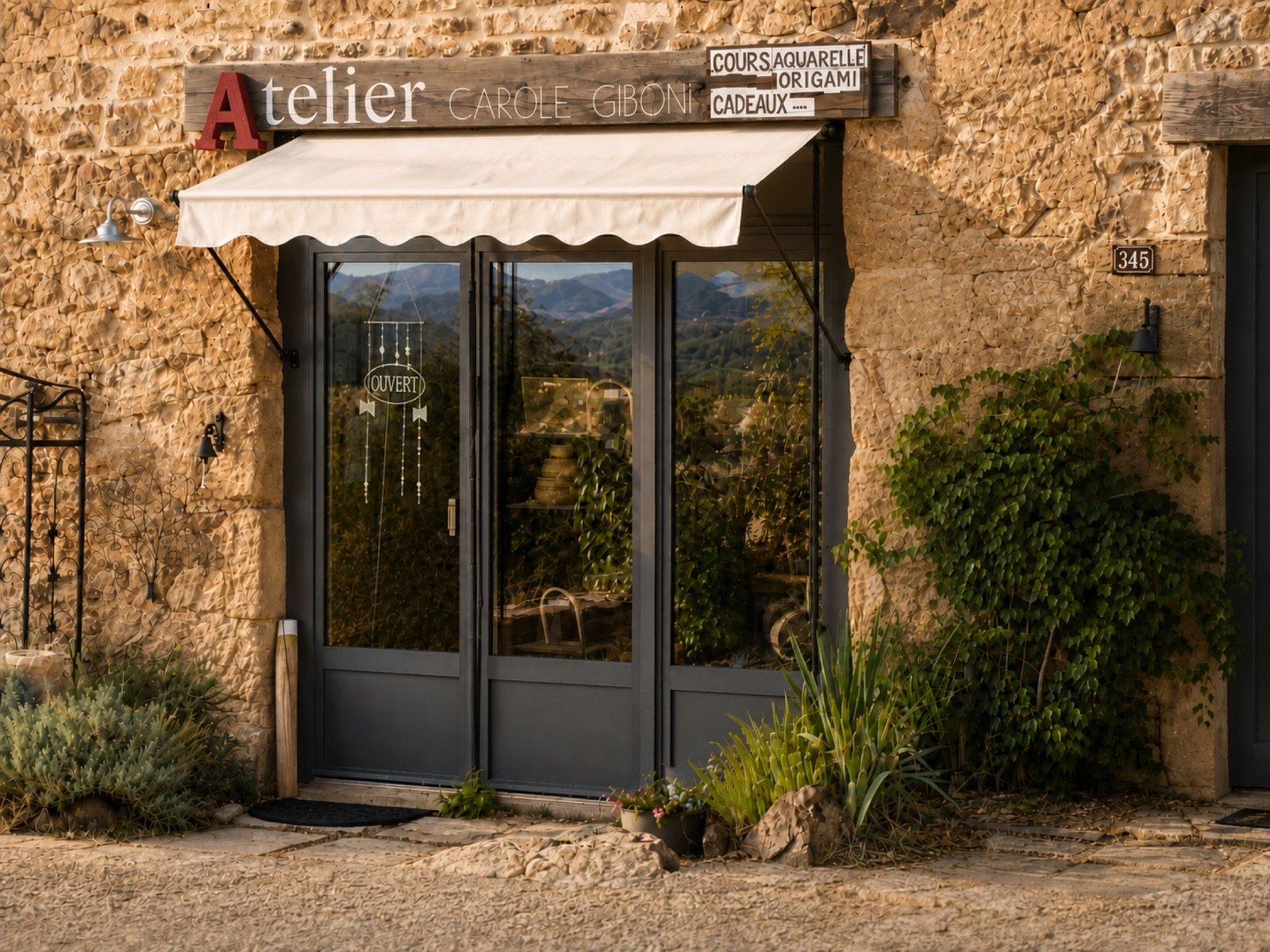 La façade de l’atelier-boutique de Carole Giboni avec son store banne ouvert
